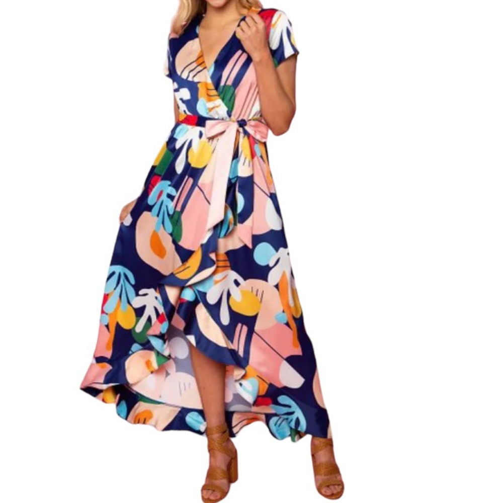 CROSBY by Mollie Burch Fiore Wrap Abstract Ruffle Trim Dress, Matisse, Size 8